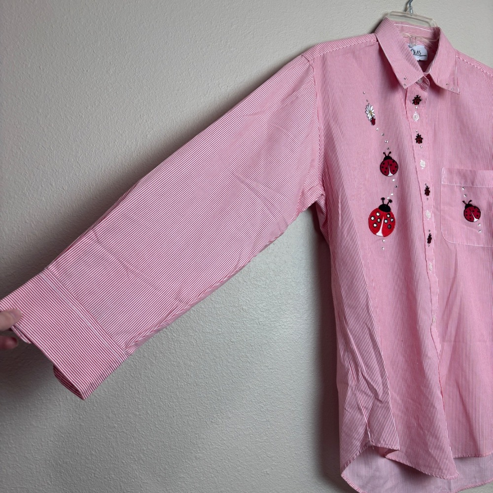 Las Olas Ladybug Embroidered Shirt Womens Small Red Pinstripe Rhinestone Vintage - Picture 10 of 15